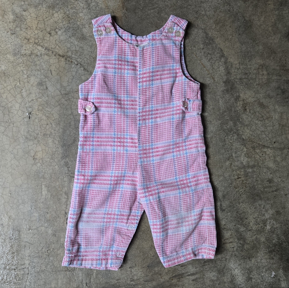 2 for $15 Vintage 70s Pink Plaid Overall  Jumper 12-18 month Faded PLAY cond
